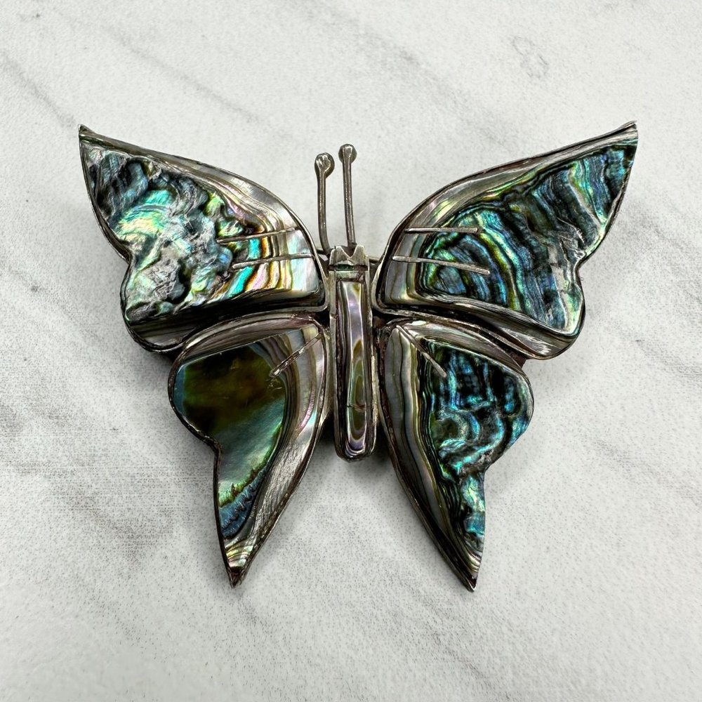 Silver Alpaca Mexican Abalone Butterfly brooch!  Signed